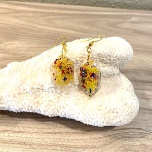 18. Yellow resin coral and rainbow Hexagon Dangle Earrings